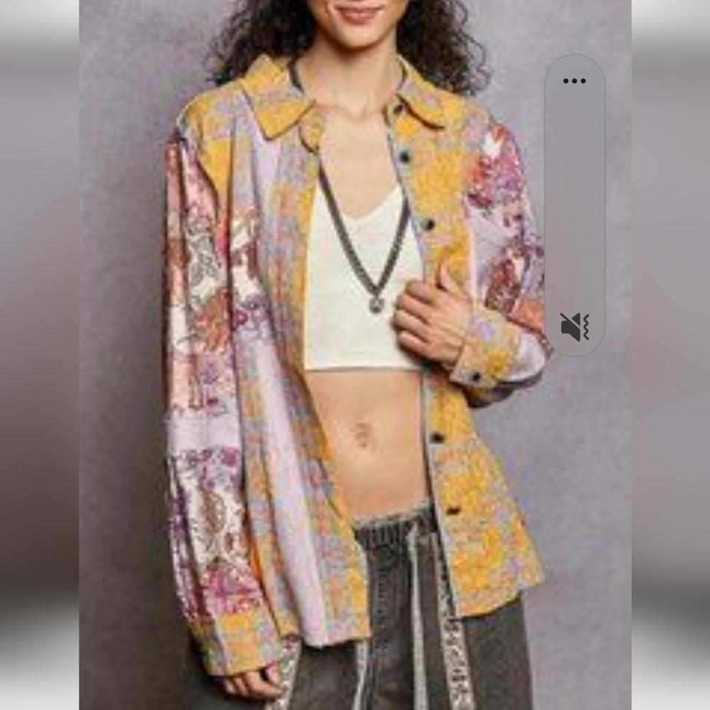 POL Size Large Multicolor Patchwork Button Down S… - image 1
